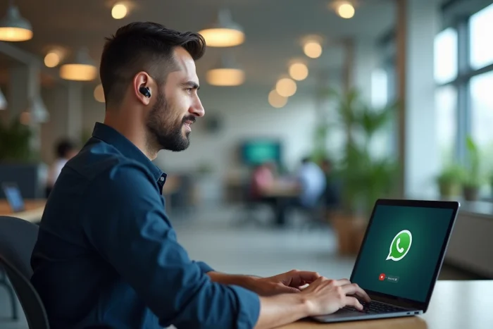 Homme en télétravail passant un appel via WhatsApp Web sur laptop dans un bureau en open space