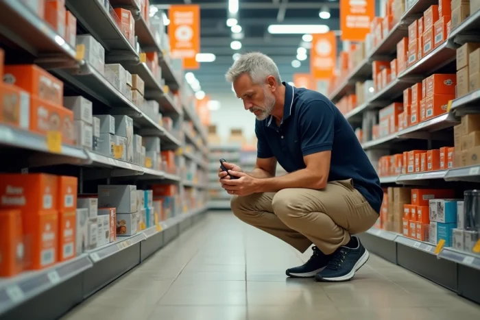 Homme examinant des articles en liquidation dans un magasin Gifi avec étiquettes de réduction visibles