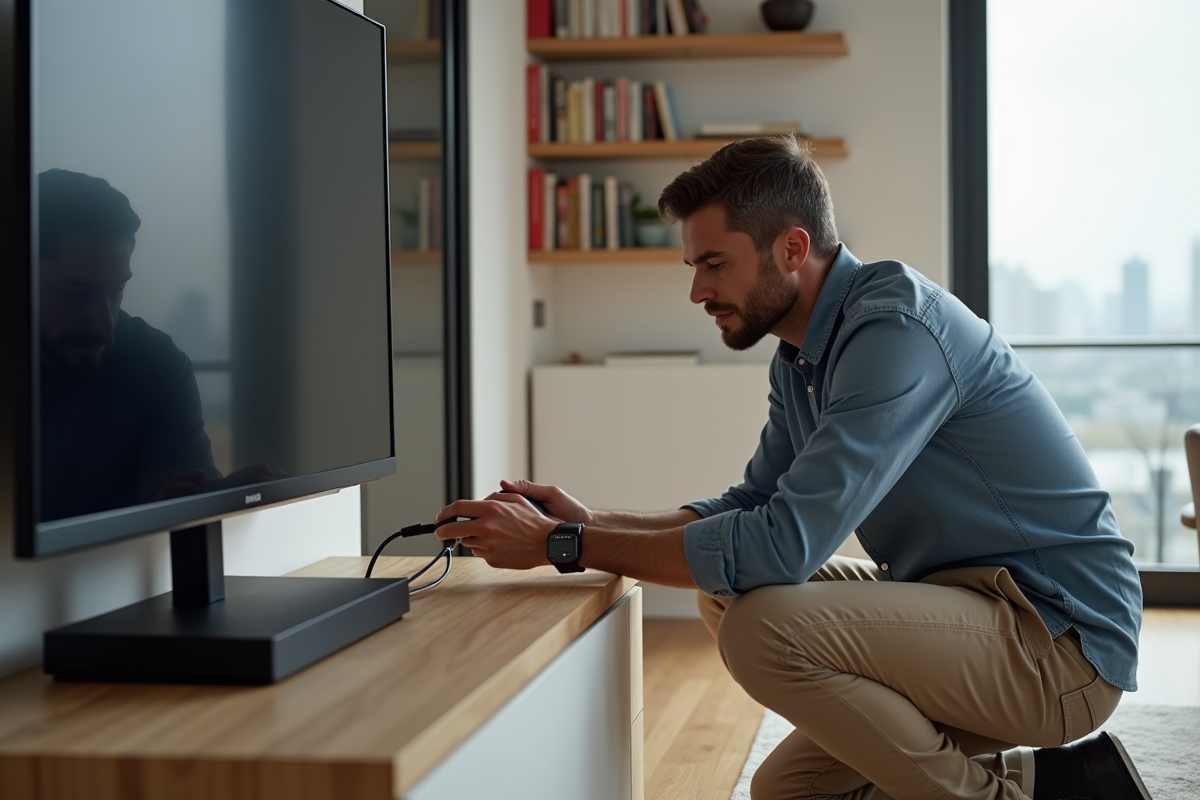 Homme branchant un appareil sur une télévision moderne
