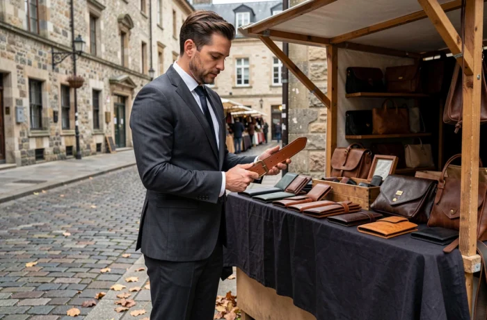 Homme en costume charbon inspectant une ceinture en cuir artisanale sur un marché urbain aux pavés anciens
