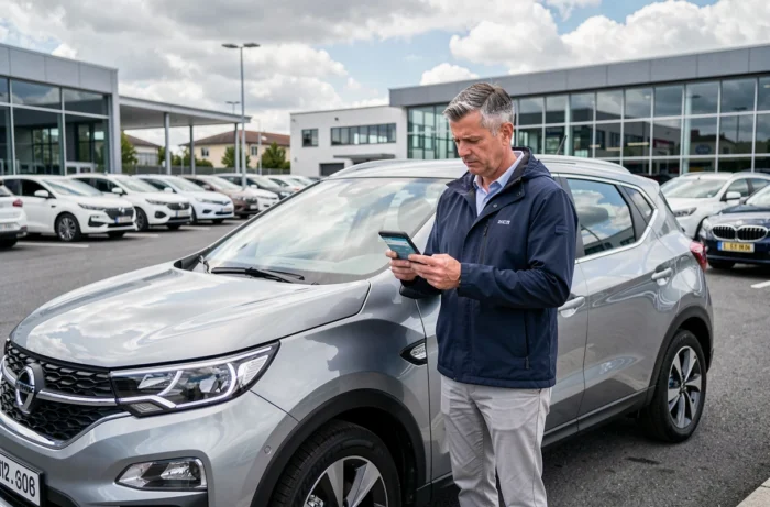 Homme comparant des offres automobiles sur smartphone devant un SUV dans un parking de concession