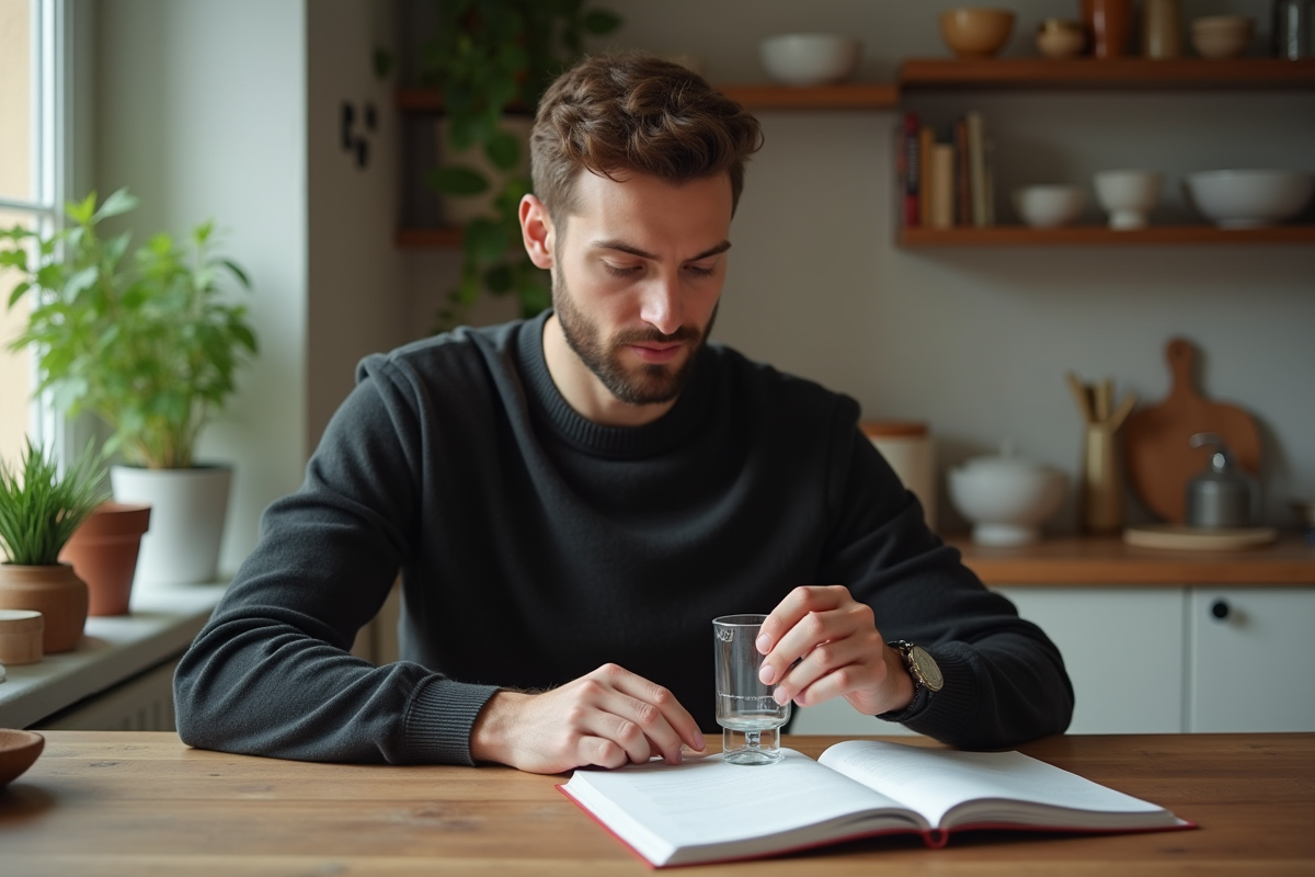 Jeune homme convertissant des cups en grammes dans la cuisine