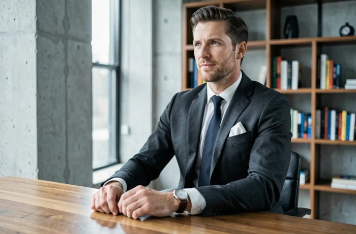 Homme en costume gris anthracite avec montre en cuir et pochette dans un loft moderne aux murs en béton