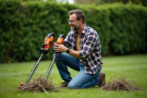 Homme en jeans comparant deux tondeuses électriques dans le jardin