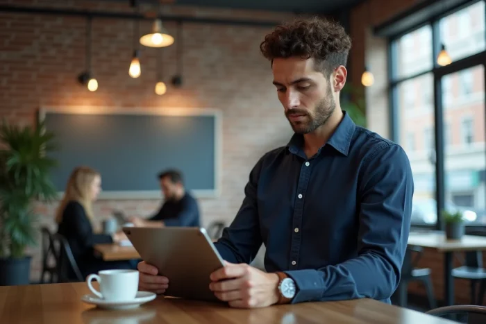 Jeune homme consultant des offres d'emploi sur une tablette dans un espace de coworking contemporain