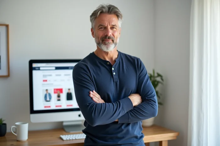 Homme évaluant des offres de prix rouges sur un site de mode en ligne depuis son bureau à domicile