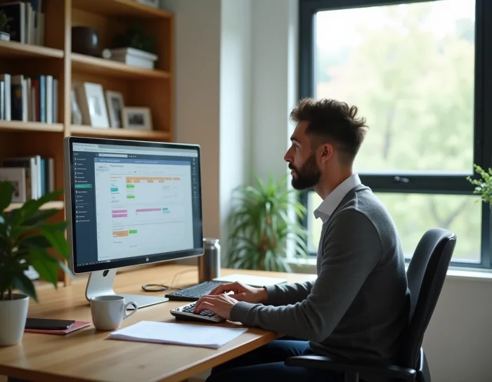 Un professionnel travaillant seul sur un plan successif de projet dans un bureau à domicile moderne
