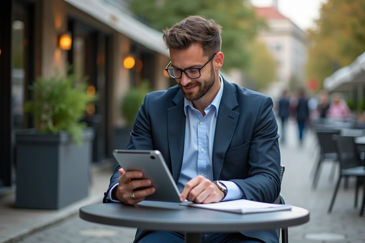 Homme professionnel lisant des infos dans un café urbain
