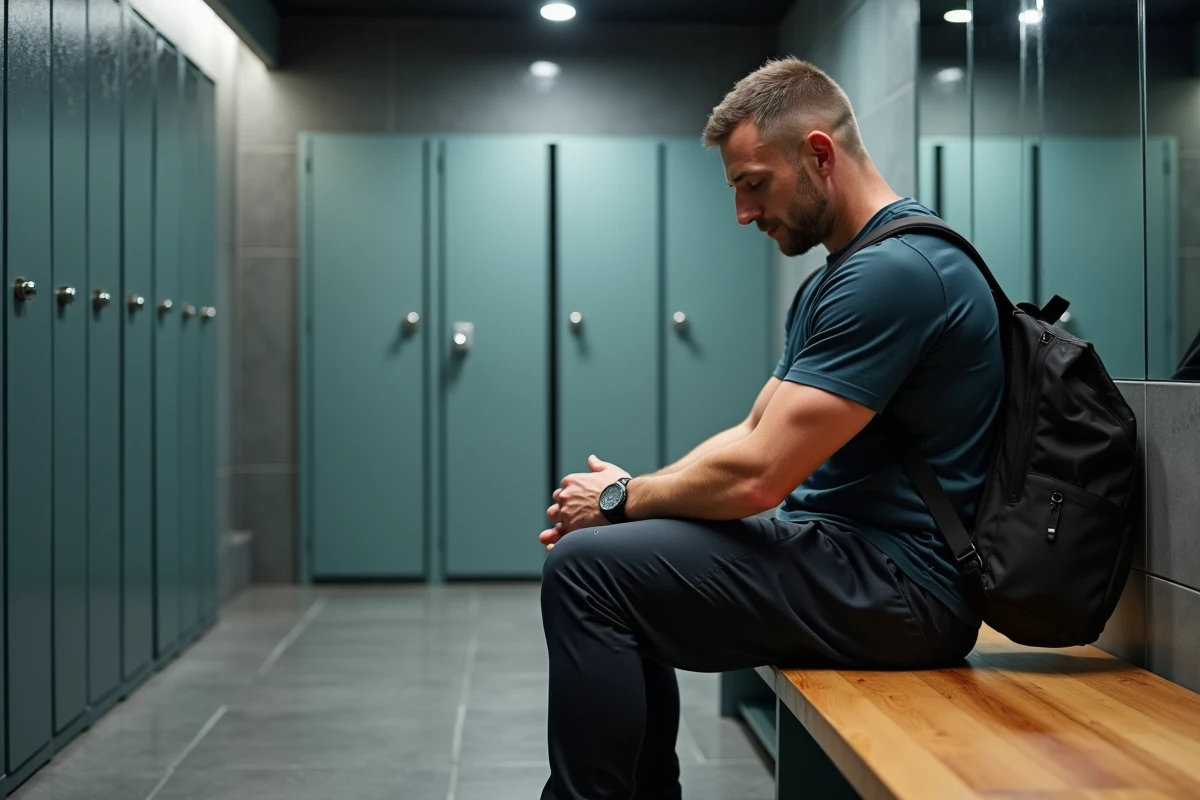 Homme d age moyen ferme son sac de sport au vestiaire