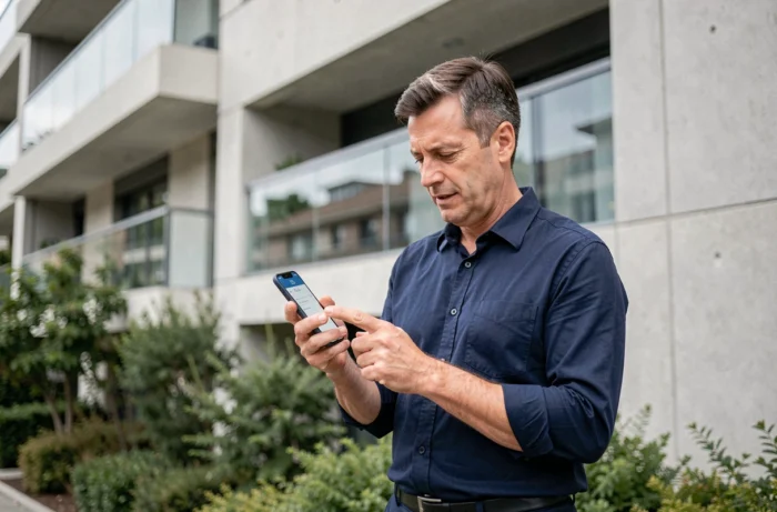 Homme utilisant son smartphone pour accéder aux nouvelles offres Action Logement numérisées devant un immeuble résidentiel moderne