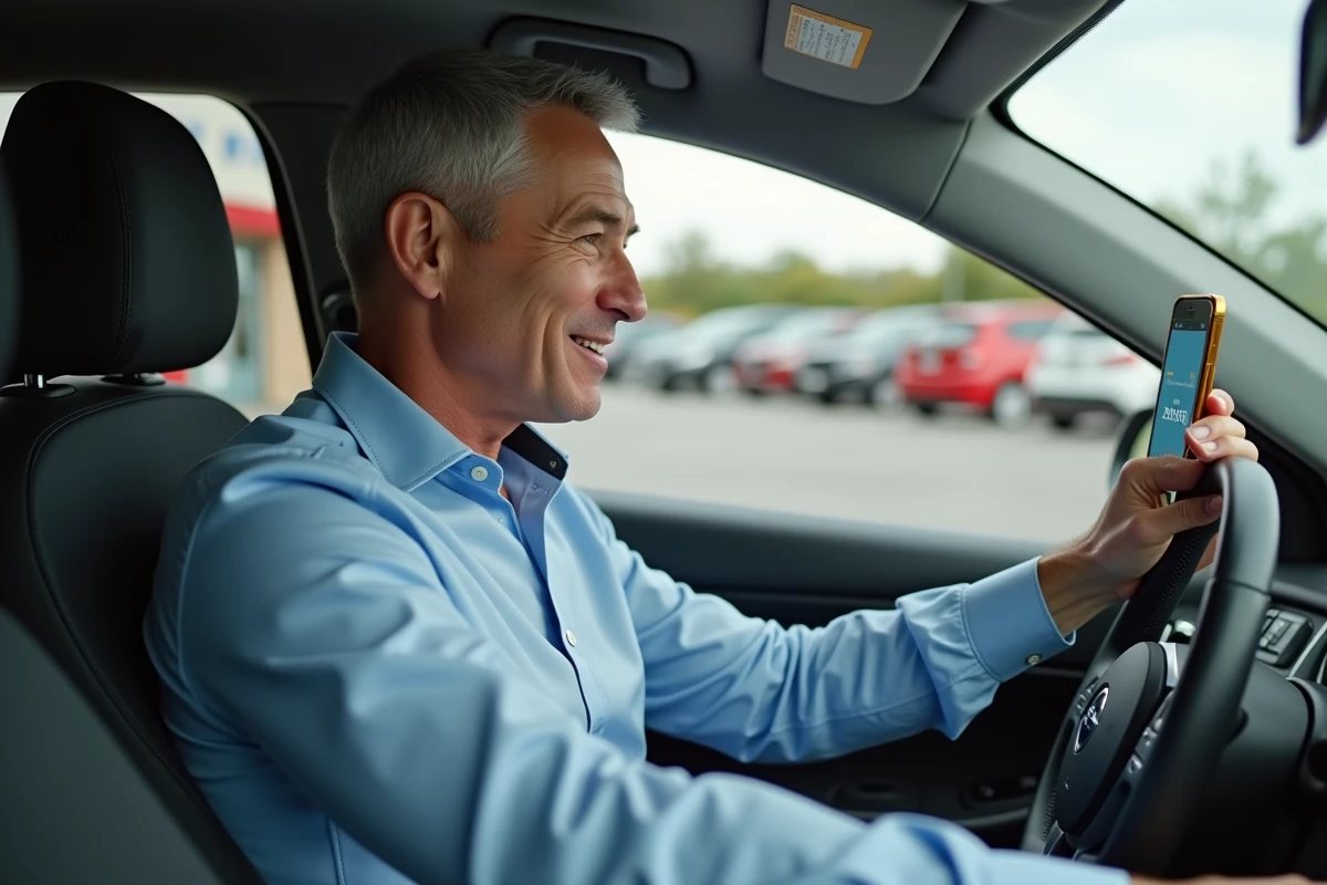 Homme souriant utilisant son smartphone dans une voiture pour un code promo