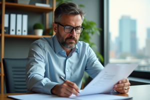 Homme d'âge moyen examinant documents d'assurance vision au bureau