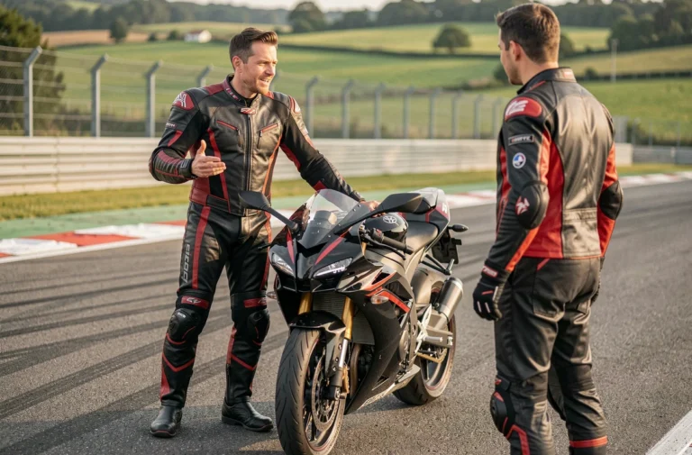 Instructeur moto expliquant les techniques de pilotage à un élève sur circuit lors d'un stage moto vitesse