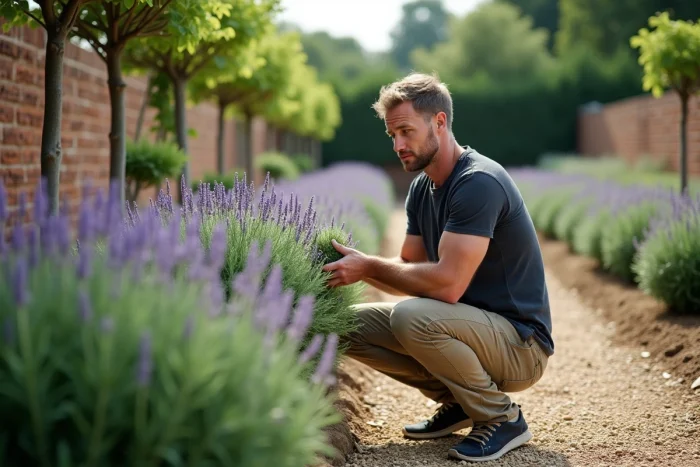 Jardinier examinant des tiges de sauge en fleurs violettes dans un potager structuré avec allées en gravier