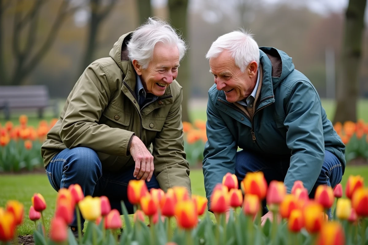 Couple retraité jardinant dans un parc urbain