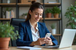 Jeune femme professionnelle en blazer bleu dans un bureau à domicile