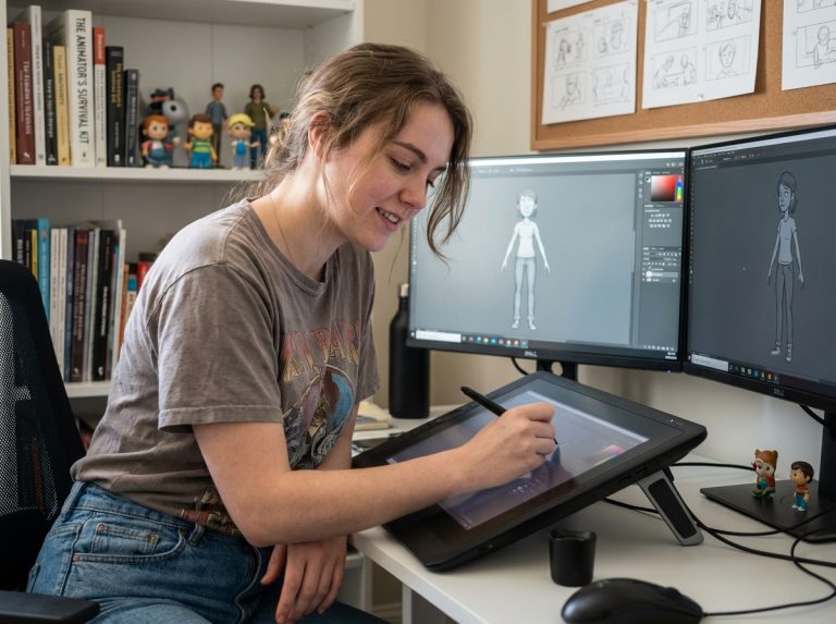 Jeune femme en train de dessiner des personnages d'animation