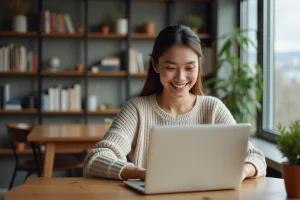 Jeune femme souriante utilisant son ordinateur dans un intérieur cosy