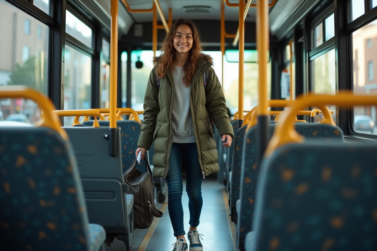 Jeune fille en parka olive monte dans un bus urbain avec sourire