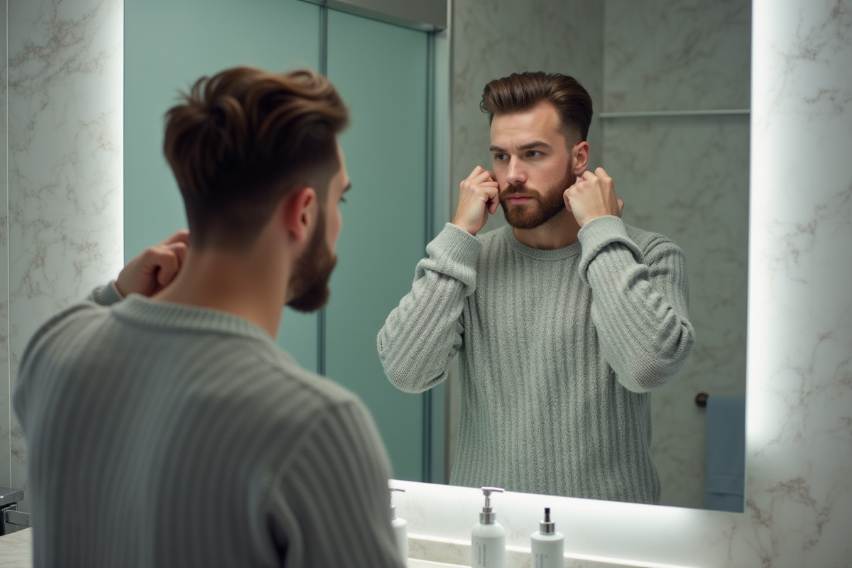 Jeune homme ajustant sa coiffure dans un miroir de salle de bain moderne