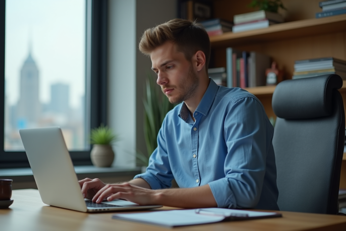 Jeune homme au bureau avec ordinateur portable en intérieur