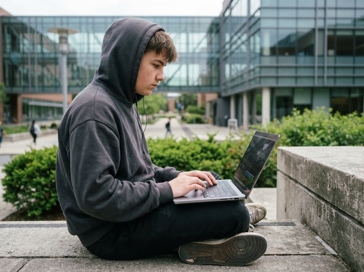 Adolescent en extérieur éditant une vidéo sur son ordinateur portable