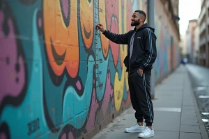 Jeune homme devant un mural coloré de Mille vérifiant sa taille