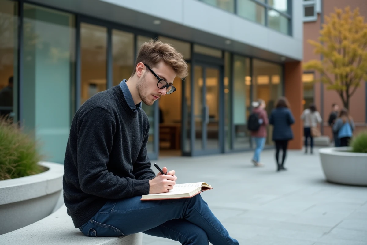 Jeune homme prenant des notes devant une bibliothèque urbaine