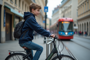Adolescent en hoodie bleu et jeans prépare à rouler à vélo en ville