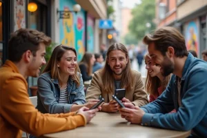 Jeunes adultes réagissant à une histoire sur smartphone en extérieur