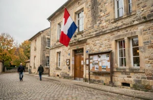 Façade de la mairie d'une commune du Bellegardois avec drapeau tricolore et panneau d'affichage communautaire