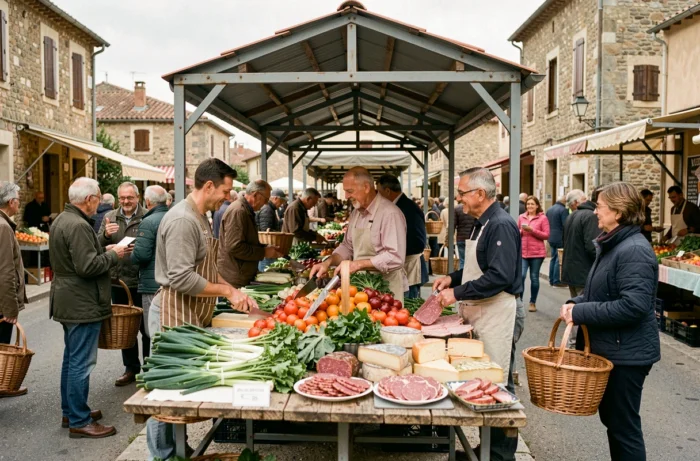 Marché local animé dans une commune du Bellegardois avec producteurs et habitants faisant leurs courses