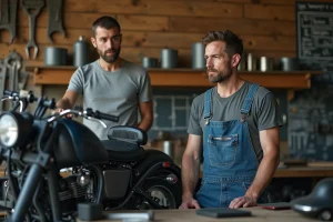 Mécanicien en overalls discutant avec un client devant une moto en cours