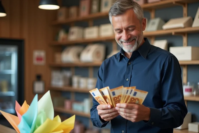 Homme tenant des billets en euros dans un magasin de cadeaux pour décider du montant à offrir pour un anniversaire