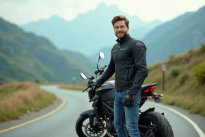 Jeune motard avec moto sportive sur route de montagne