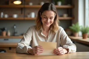 Femme glissant un billet d'argent dans une carte d'anniversaire à la maison, geste attentionné pour offrir un cadeau d'argent