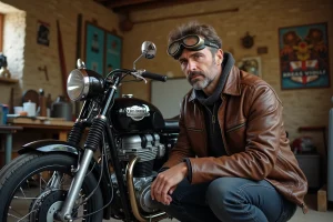Passionné de moto vintage français accroupi près d'une Triumph Bonneville restaurée dans un garage en pierre authentique