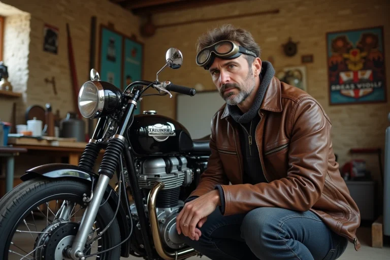 Passionné de moto vintage français accroupi près d'une Triumph Bonneville restaurée dans un garage en pierre authentique