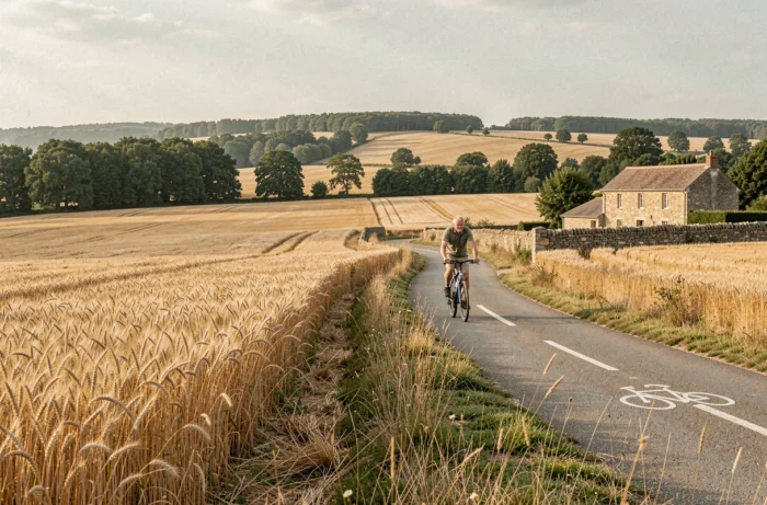 Paysage rural de la communauté de communes du Bellegardois avec route de campagne et ferme traditionnelle