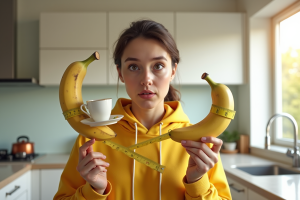 Personne tenant des outils de mesure insolites dans une cuisine lumineuse