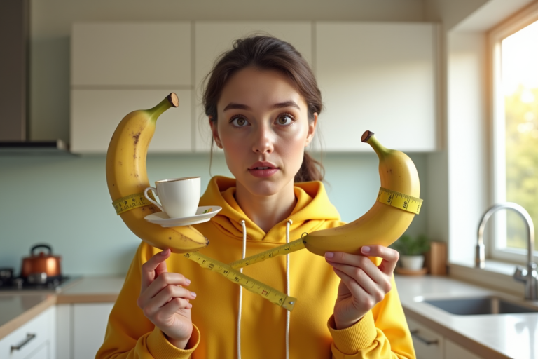 Personne tenant des outils de mesure insolites dans une cuisine lumineuse
