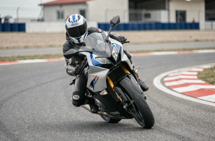Pilote féminine en pleine courbe sur circuit lors d'un stage de moto vitesse en toute sécurité