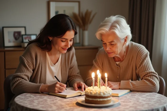 Deux femmes planifiant ensemble combien d'argent offrir pour un anniversaire autour d'une table avec un gâteau