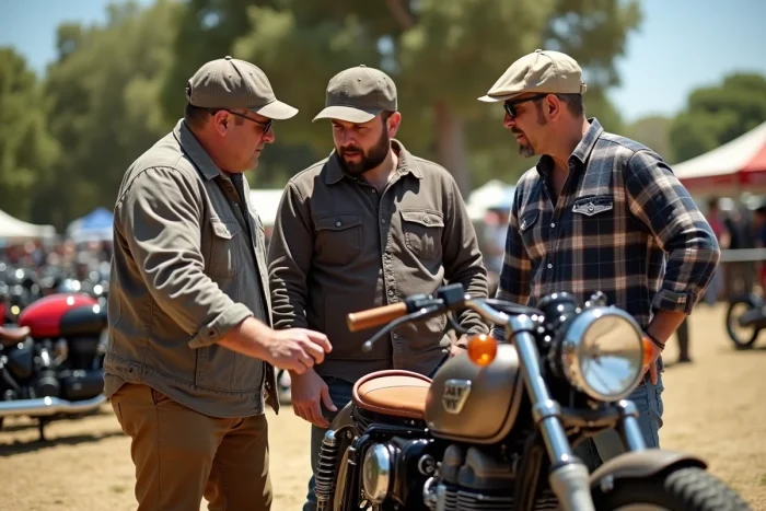 Groupe de passionnés de moto custom autour d'un bobber lors d'un rassemblement vintage en Provence