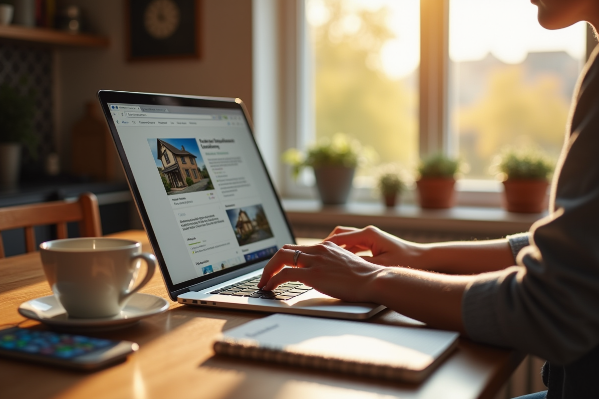 Personne recherchant des annonces immobilières sur un ordinateur portable le matin