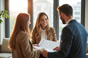 Jeune couple souriant rencontrant un agent immobilier dans un appartement lumineux