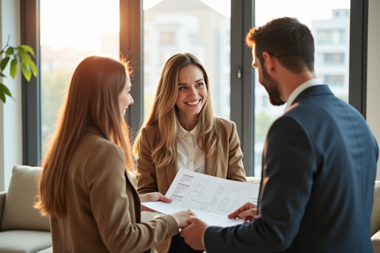 Jeune couple souriant rencontrant un agent immobilier dans un appartement lumineux