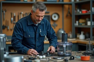 Technicien en atelier de réparation inspectant les pièces démontées d'un robot coupe sur un établi professionnel