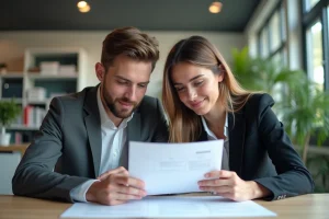 Deux professionnels examinent un document de convention collective