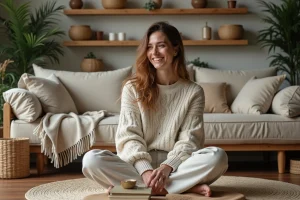 Femme souriante dans un salon cosy avec livres et plantes